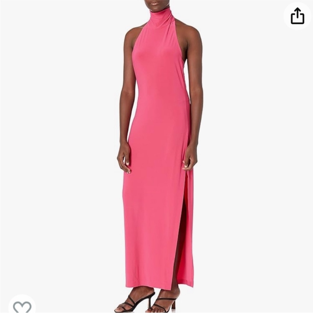 Norma Kamali halter turtleneck side slit gown orchid pink slinky jersey fabric